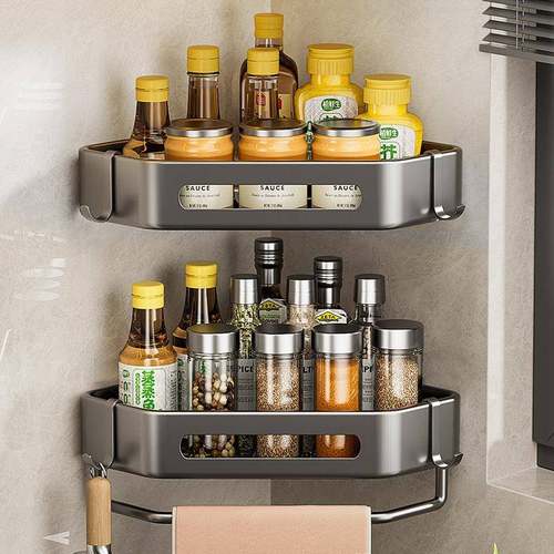 免打孔厨房置物架转角多功能壁挂墙上三角调料品架子调味罐收纳架