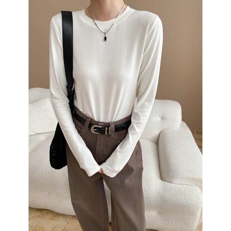 呼吸感 简约百搭纯色圆领正肩显瘦打底长袖T恤