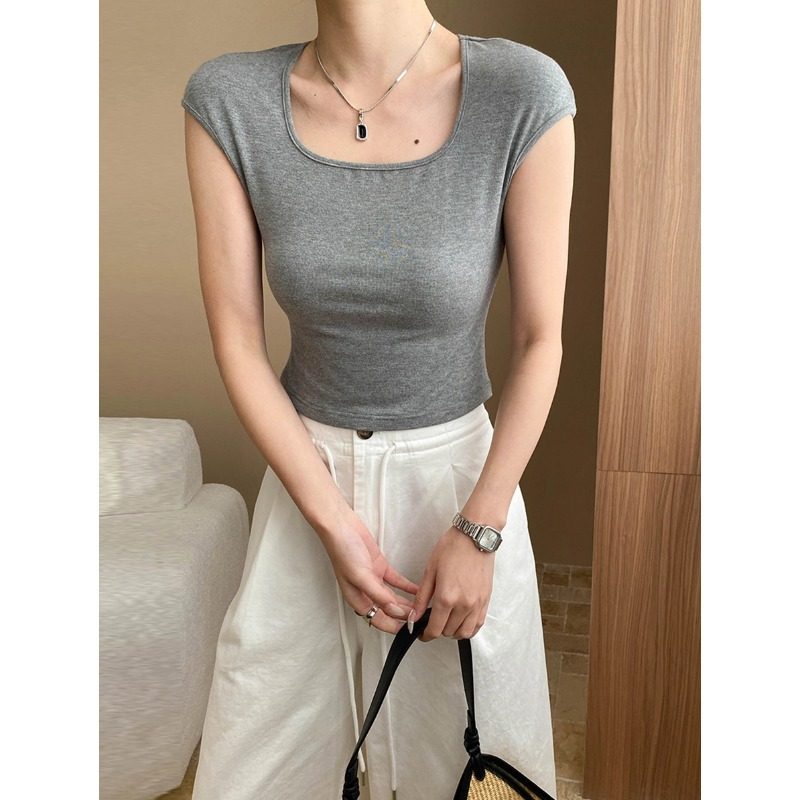 新款 时髦法式大U领修身显瘦气质包肩短袖T恤