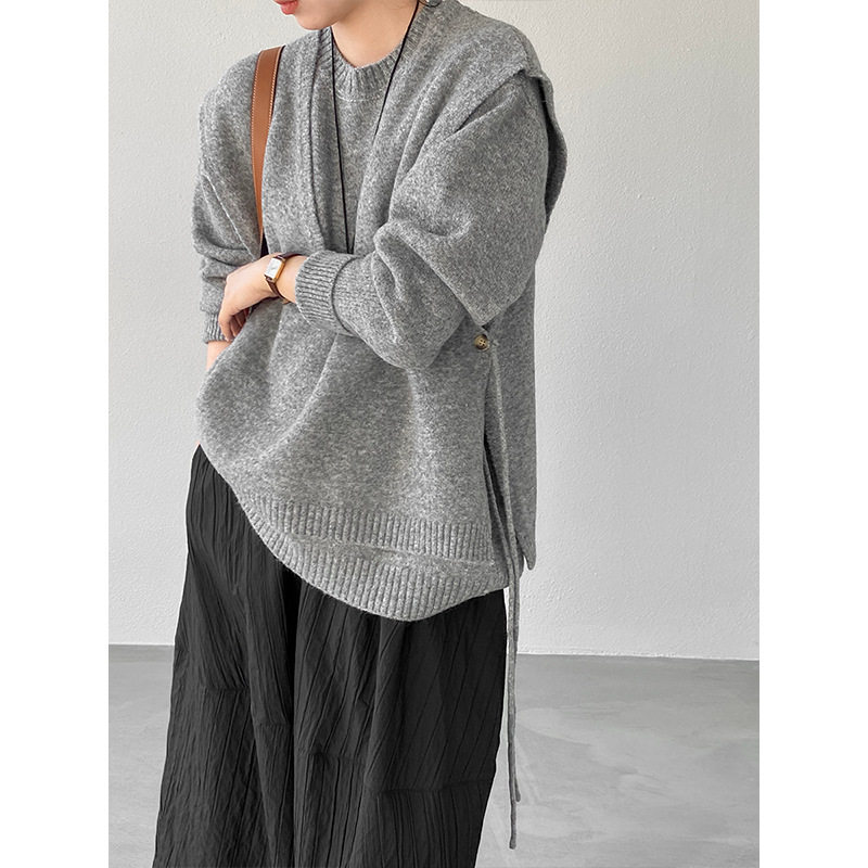 韩系设计感套头针织两件套女不规则宽松马甲叠穿上衣女