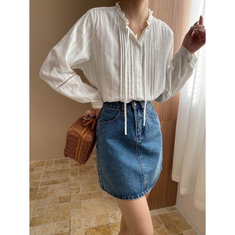 新款 法式风琴褶木耳边系带镂空设计感长袖衬衫