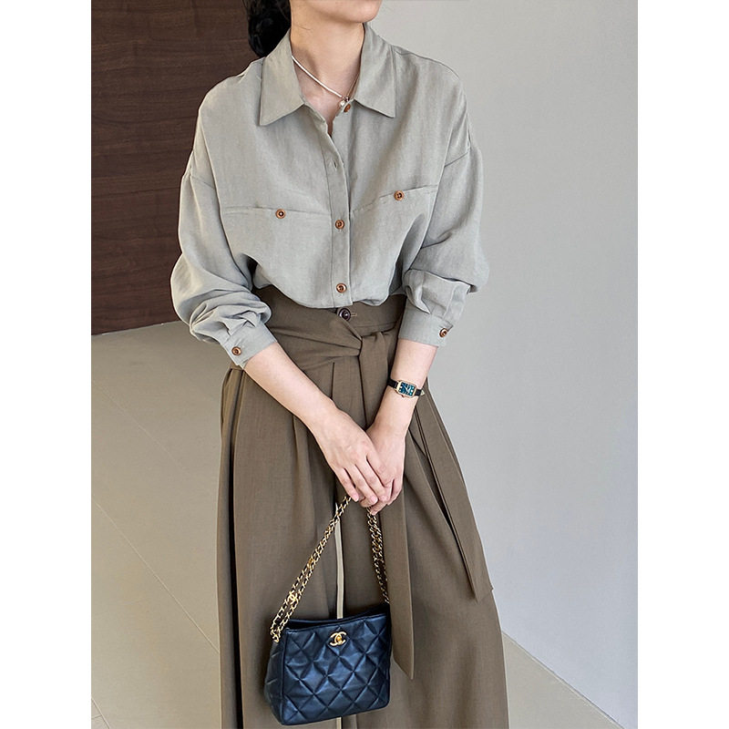 秋天的色系 老钱风木质扣子衬衫女休闲长袖宽松衬衣上衣