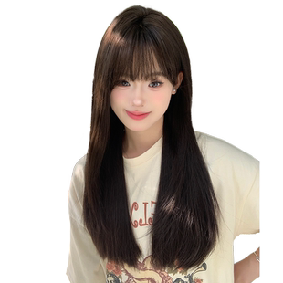 束朵假发女日常新款夏季自然逼真黑长直齐刘海长直发全头套式假发