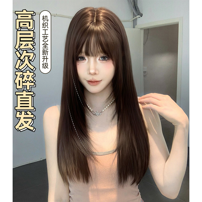 束朵假发女日常新款夏季自然逼真黑长直齐刘海长直发全头套式假发