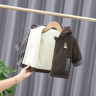 男童加绒外套冬季加厚连帽拉链棉服1一岁3婴儿宝宝加厚保暖毛毛衣