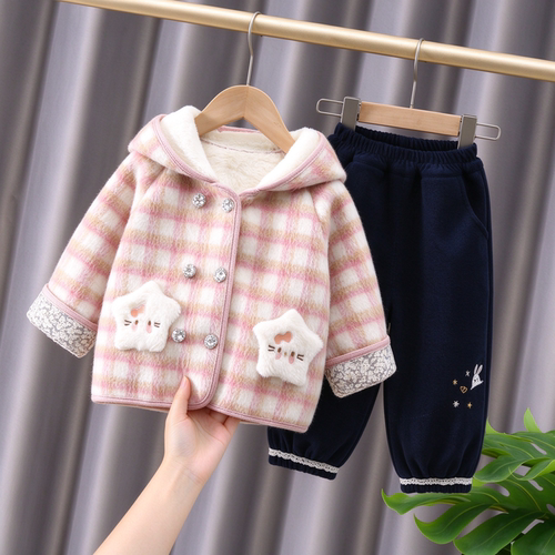 女童秋冬加厚格子棉服套装