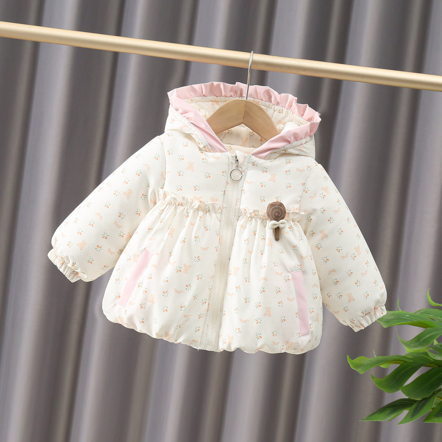 女童秋冬连帽拉链碎花棉服