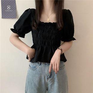 女衬衫 韩版 2022夏季 小众雪纺短款 方领女 收腰设计感T恤泡泡袖 新款