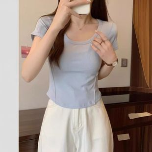 短袖 修身 2025t恤學生高腰潮 短款 領夏季 不規則上衣u純色女韓版 新款
