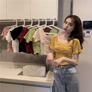 露锁骨上衣夏装 女装 褶皱复古短袖 2022方领T恤新款 打底衫 针织短款