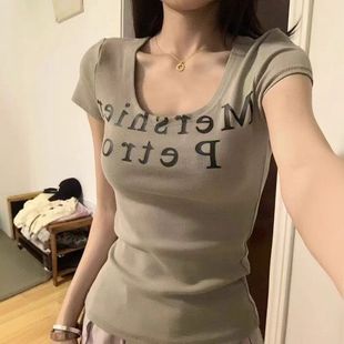 纯欲风 女字母印花U辣妹2025复古T恤美式 新款 设计感上衣领夏季 短袖