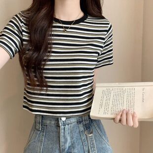 潮2024女t恤针织衫 圆领设计感短款 夏季 修身 新款 上衣辣妹条纹短袖