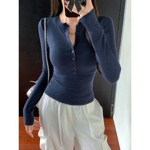 女长袖 学生春秋上衣正肩2025辣妹搭纽扣 T恤打底衫 紧身内显瘦新款