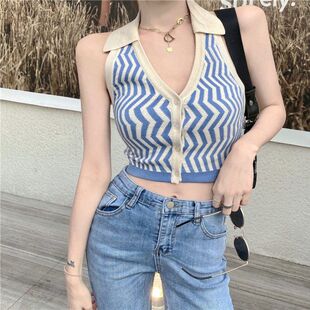 内春装 设计感穿潮领2022V新款 女小众外搭背心吊带条纹年针织上衣