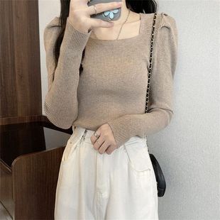 黑色上衣低领秋冬针织潮 2022短款 女打底衫 泡泡袖 锁骨方领毛衣新款