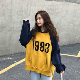 套頭女潮2023秋冬衛(wèi)衣寬松連帽韓版 撞色加絨插肩袖 外套學(xué)院風(fēng)女裝