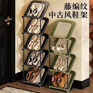 藤编倾斜鞋架多层家用省空间玄关收纳置物架中古风多功能简易鞋架