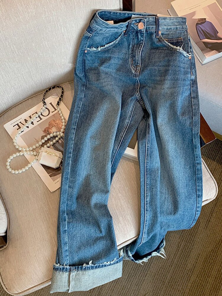 AMERICAN VINTAGE HIGH STREET RAW EDGE DISTRESSED JEANS FOR MEN AND WOMEN SPRING SUMMER VIBE STYLE STRAIGHT HIGH WAIST CASUAL LONG PANTS TIDE
