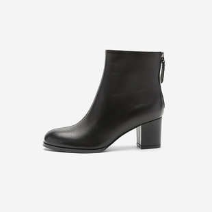 新款 玖熙冬季 加绒时装 靴圆头黑色优雅粗跟短靴时尚 Nine 女鞋 West