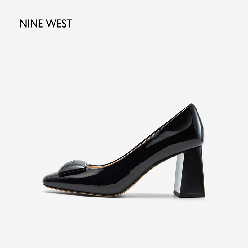 Nine West/玖熙烤漆饰扣粗跟单鞋女2024年春季新款法式方头高跟鞋