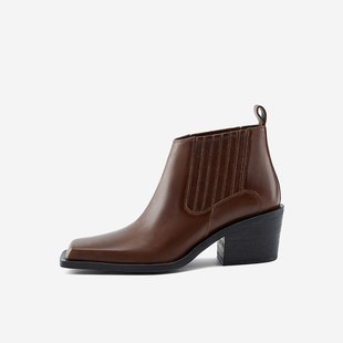 West 靴女方头粗高跟短靴时尚 玖熙女鞋 清仓时装 通勤女靴 冬季 Nine