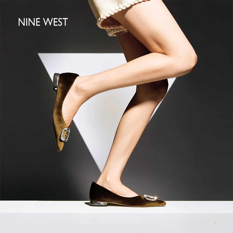 Nine West/玖熙丝绒晶钻法式仙女鞋气质春新款浅口平底通勤单鞋女