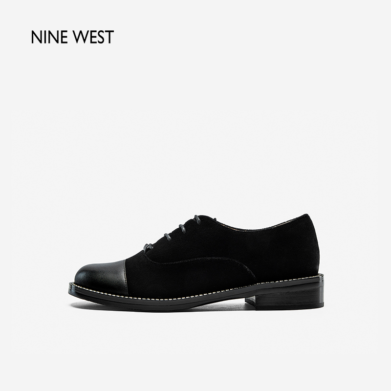 【断码清仓】Nine West/玖熙春夏新款圆头系带闪战沿条低跟单鞋女