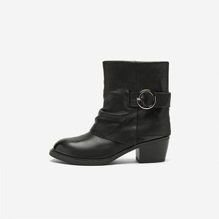 黑色中跟通勤百搭女鞋 Nine 靴冬季 玖熙欧美风皮带扣短筒时装 West