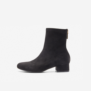 清仓款 玖熙冬季 瘦瘦靴女粗跟简约大气圆头复古短靴百搭 West Nine