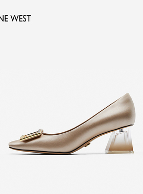 【断码清仓】Nine West/玖熙春秋透明渐变跟鞋方扣粗跟方头单鞋
