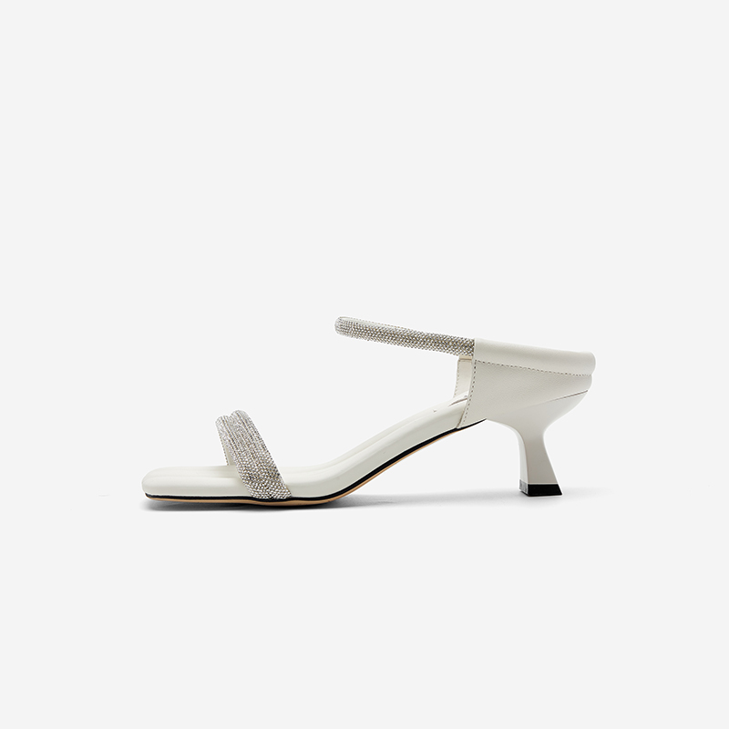 Nine West/玖熙2025夏新款高跟一字带凉鞋羊皮双条带方头百搭女鞋