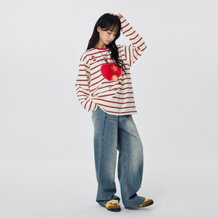 OoofYang  贴布苹果红白条纹长袖打底T恤上衣内搭女