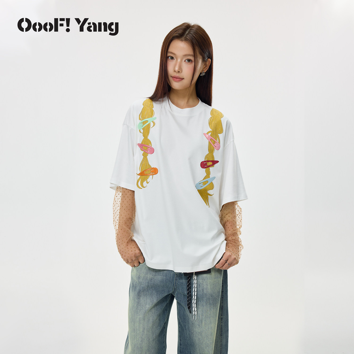 OooF!Yang发卡辫子T恤圆领休闲风百搭舒适上衣宽松长袖女2026年春