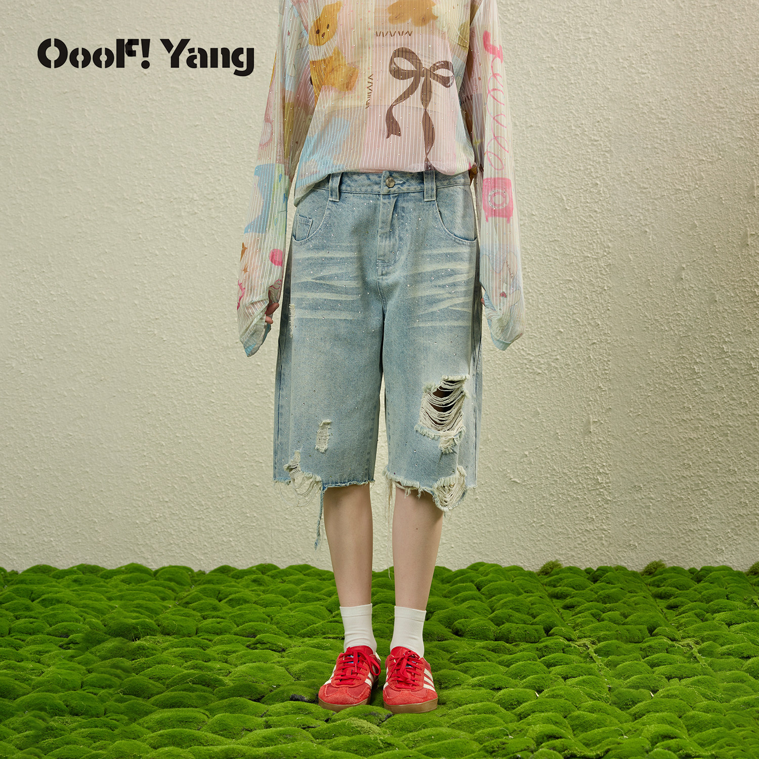 OooF!Yang烫钻牛仔短裤