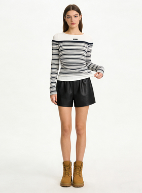 OooF!Time 条纹拼接打底衫女春季修身显瘦内搭T恤上衣