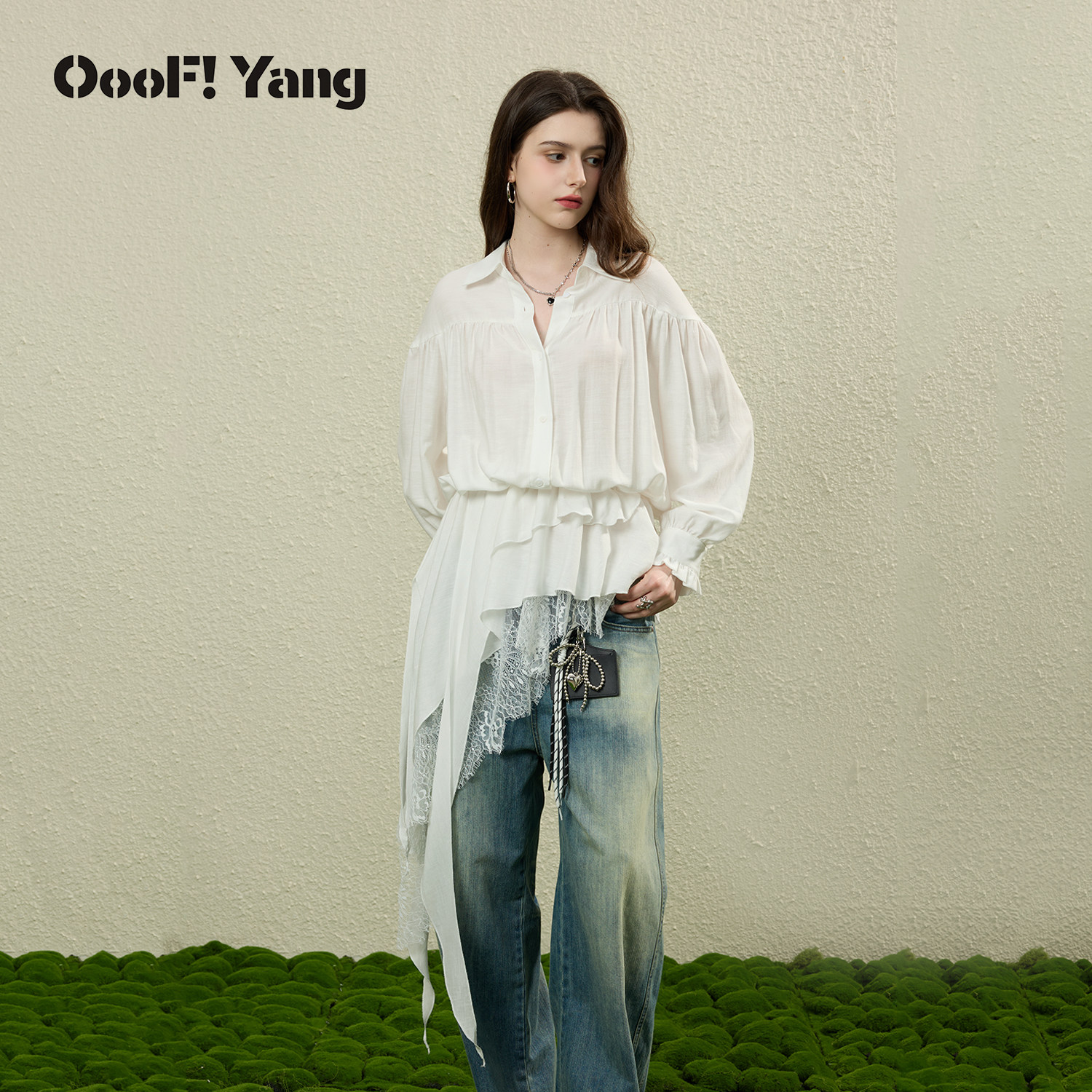 OooF!Yang斜摆白衬衫收腰蕾丝不规则甜酷风上衣长袖女2026春新品
