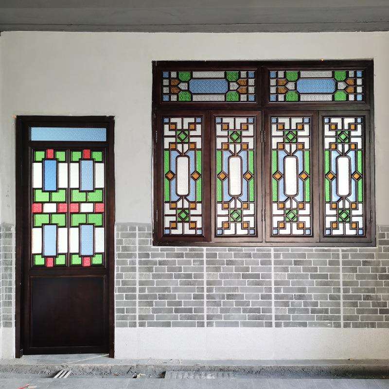 厂家直供仿古满洲窗仿古实木花窗海棠花彩色琉璃玻璃门窗屏风花窗