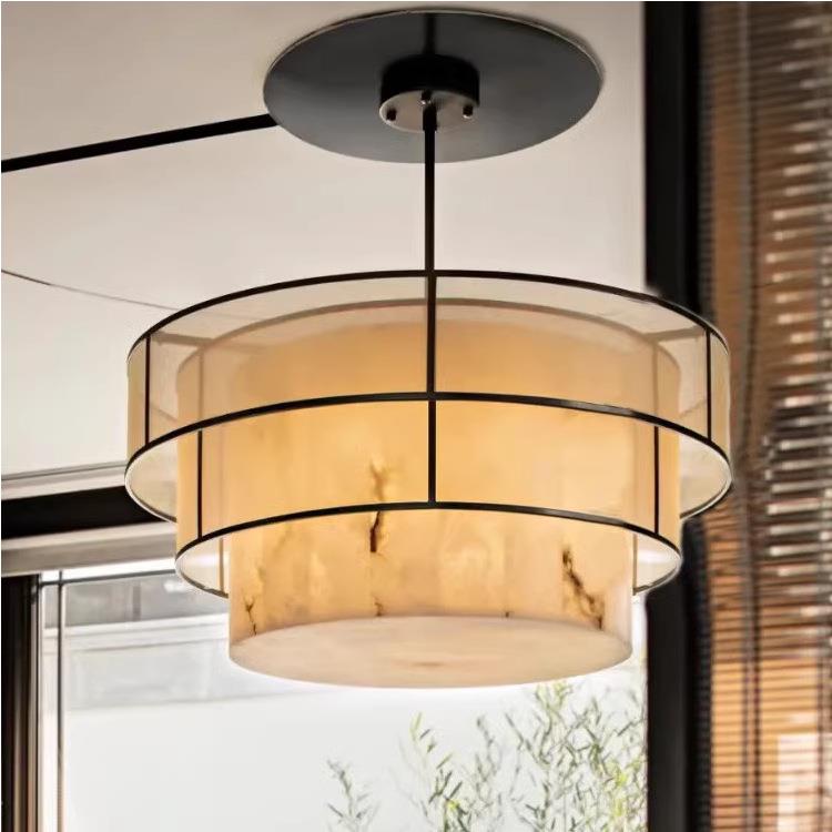 新中式云石纹布艺吊灯中国风酒店宴会厅大吊灯简约餐厅客厅吊灯