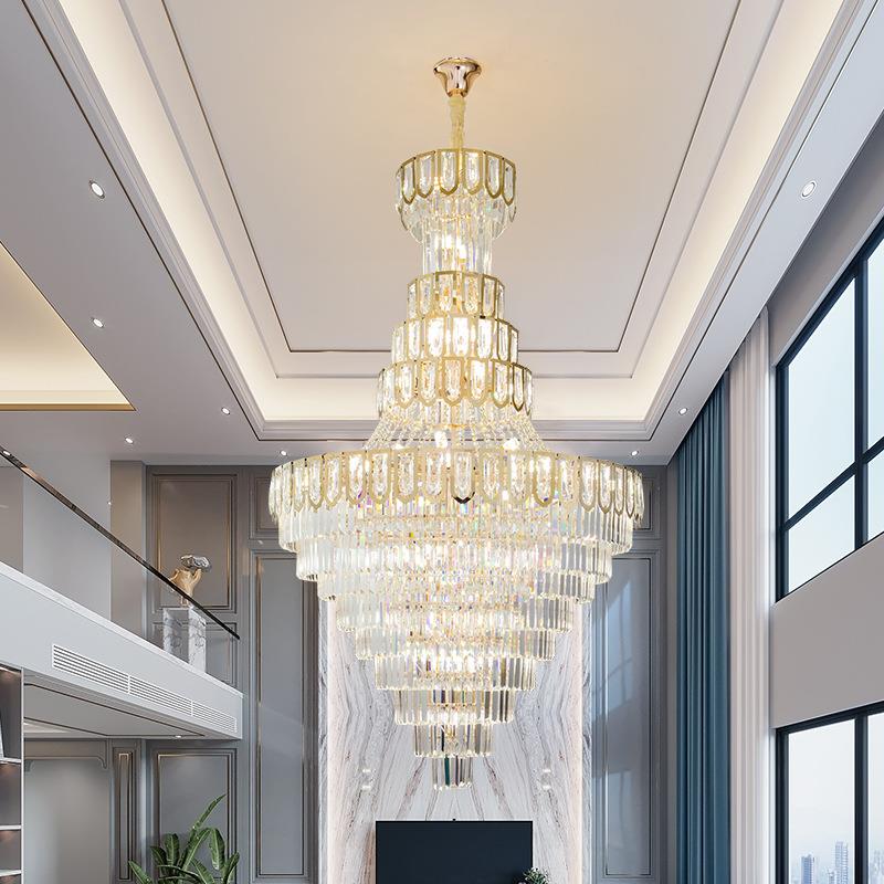 别墅楼挑高客厅现代简约中空旋转楼梯水晶大吊灯LOFT公寓楼梯吊灯