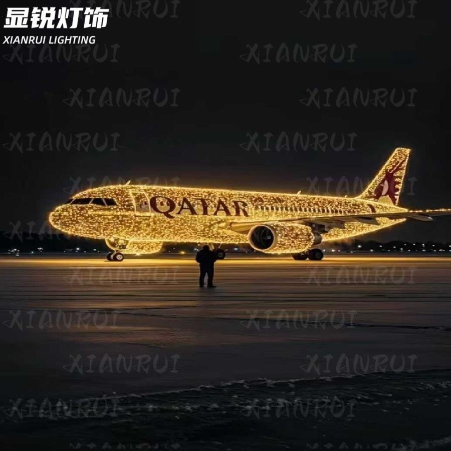 户外铁艺飞机圣诞模型灯立体仿真战斗机装饰灯造型发光可坐人