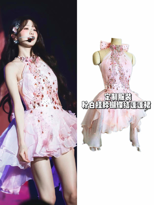 打歌服新款张元英法式小香风挂脖水钻蝴蝶结公主甜美仙女风蓬蓬裙