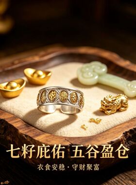国潮新中式七粒米925银戒指男女同款复古风个性时尚宽面开口指环
