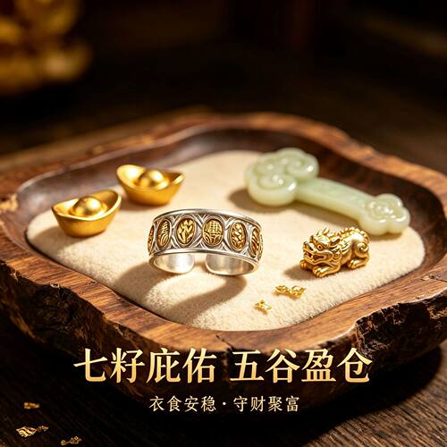 国潮新中式七粒米925银戒指男女同款复古风个性时尚宽面开口指环
