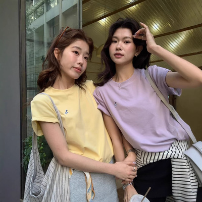 THE LIMON柠檬绿茶百搭圆领短袖T恤女士春夏白色小马刺绣显瘦上衣