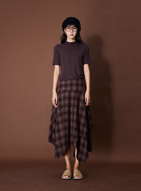 ATUMU 裙子系列 早秋上新 高腰不对称格纹A字伞裙AT437