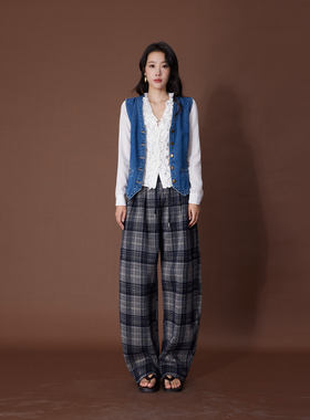 ATUMU 秋冬上新  松紧腰加绒格子镰刀休闲裤AT357