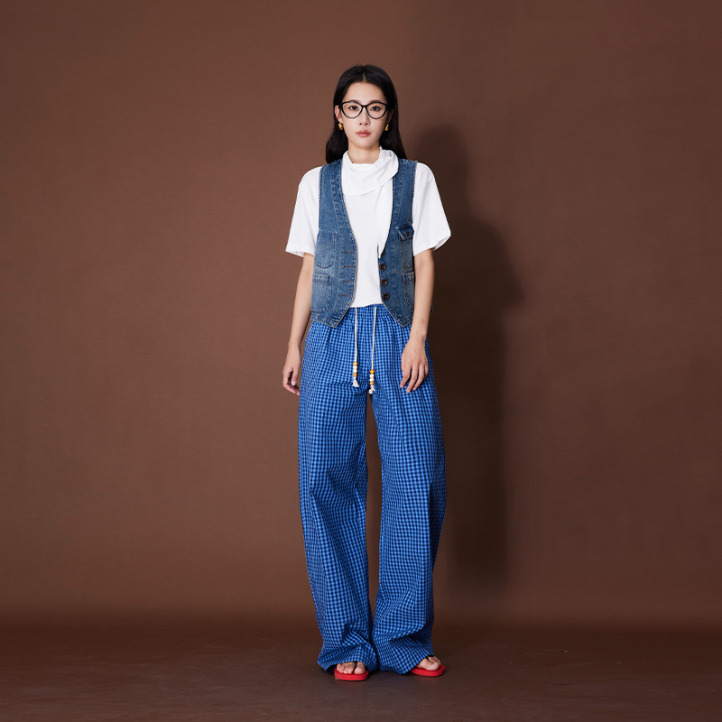 ATUMU「休闲裤系列」松紧腰抽绳撞色格纹阔腿裤AT434