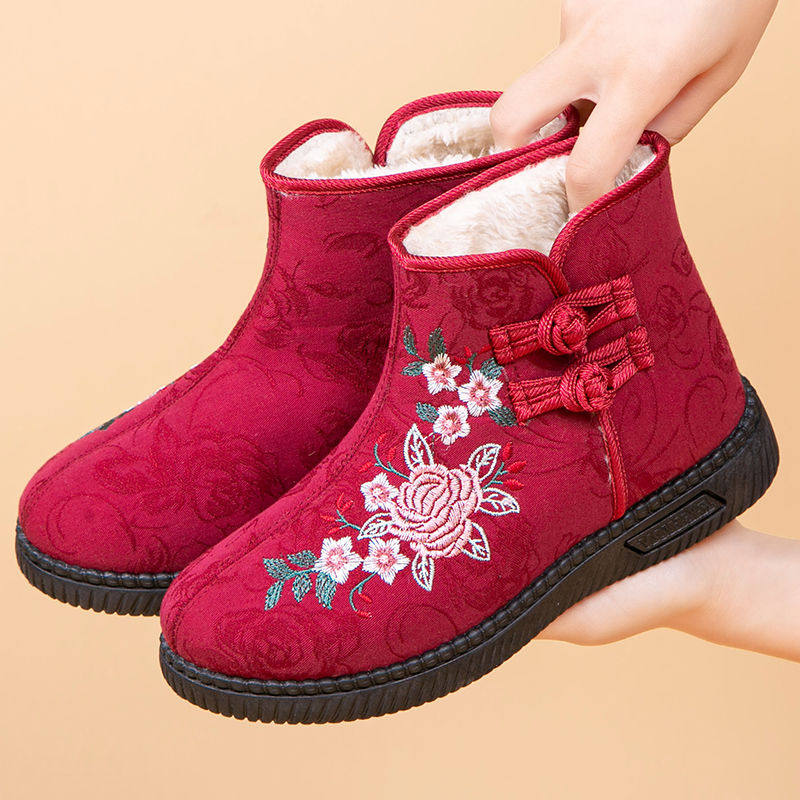老北京新款女冬季加绒保暖民族风绣花高帮防滑保暖中老年妈妈棉鞋