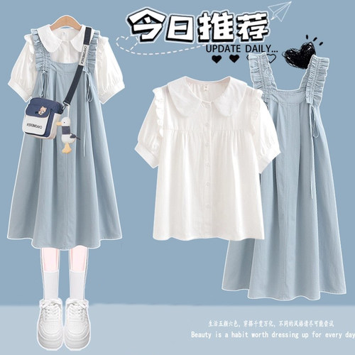 女童学院风夏装套装2026新款洋气甜美短袖抽绳背带裙中大童两件套