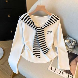 早秋季学院风海军领条纹披肩打底衫女童纯棉内搭设计感长袖t恤女